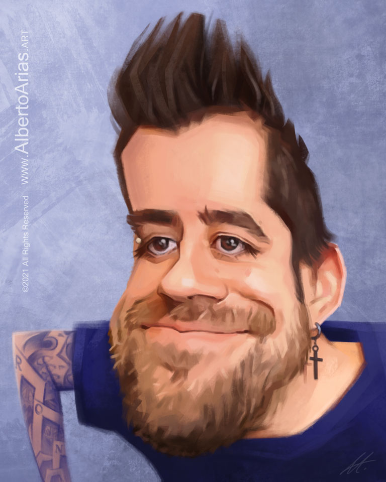 Auronplay Caricature with tattoo and cross pendant. Drawing Spanish celebrity caricatures. Artistic portrait painting artwork.