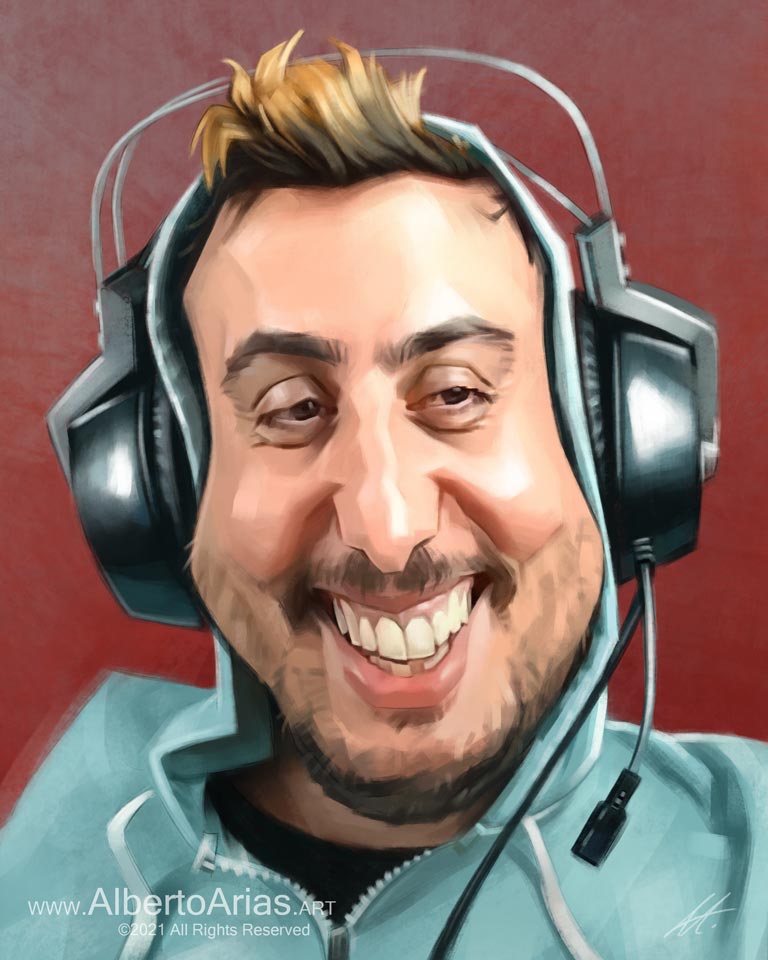 Fargan Caricature smiling and wearing headset. Drawing celebrity caricatures. Artistic portrait painting artwork.