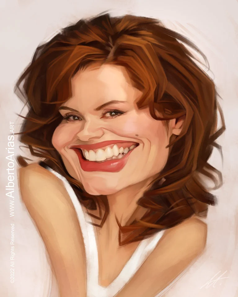 alberto-arias-art-geena-davis-caricature Geena Davis Caricature, redhead with red lips. Drawing celebrity caricatures. Artistic portrait painting artwork.