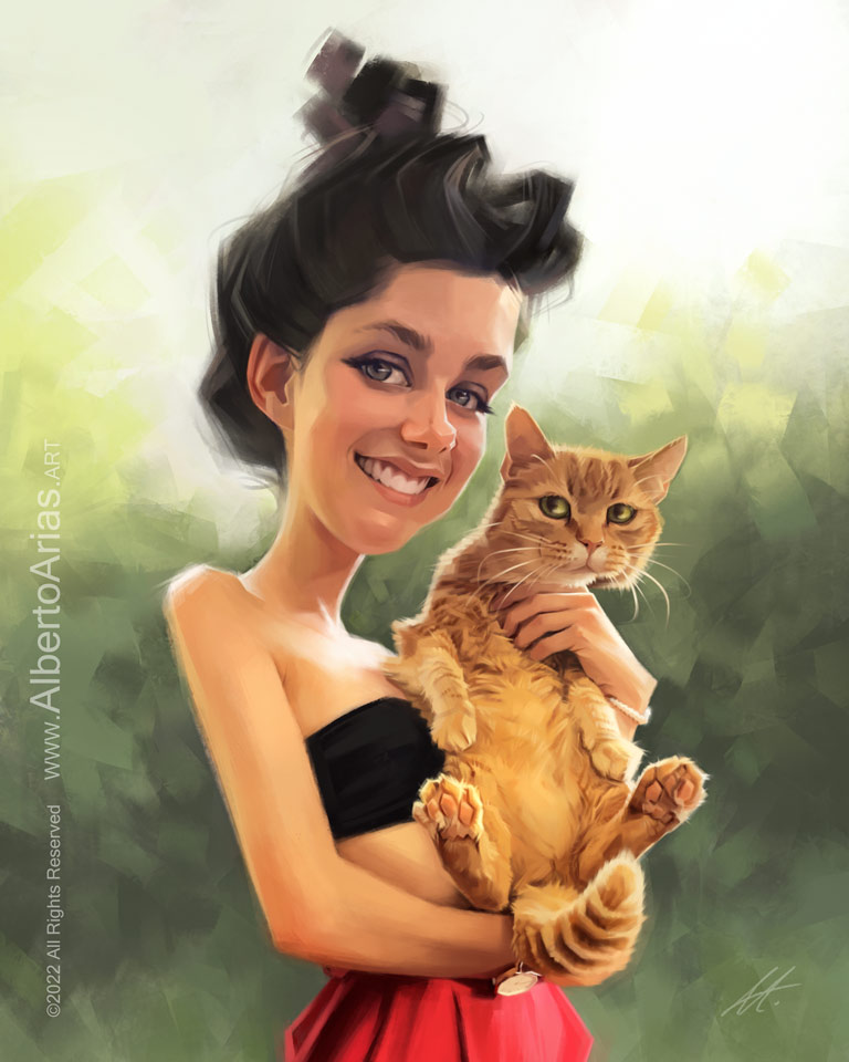 Caricature of a beautiful smiling girl with hair bun, holding an orange tabby cat.