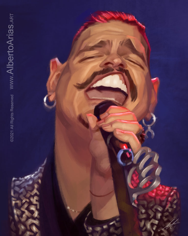 Isak Šabanović Caricature with a shiny jacket and microphone. Drawing celebrity caricatures. Artistic portrait painting artwork.