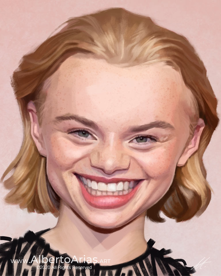 Caricature of the Swiss actress from Zurich Luna Wedler with blonde hair and lip gloss