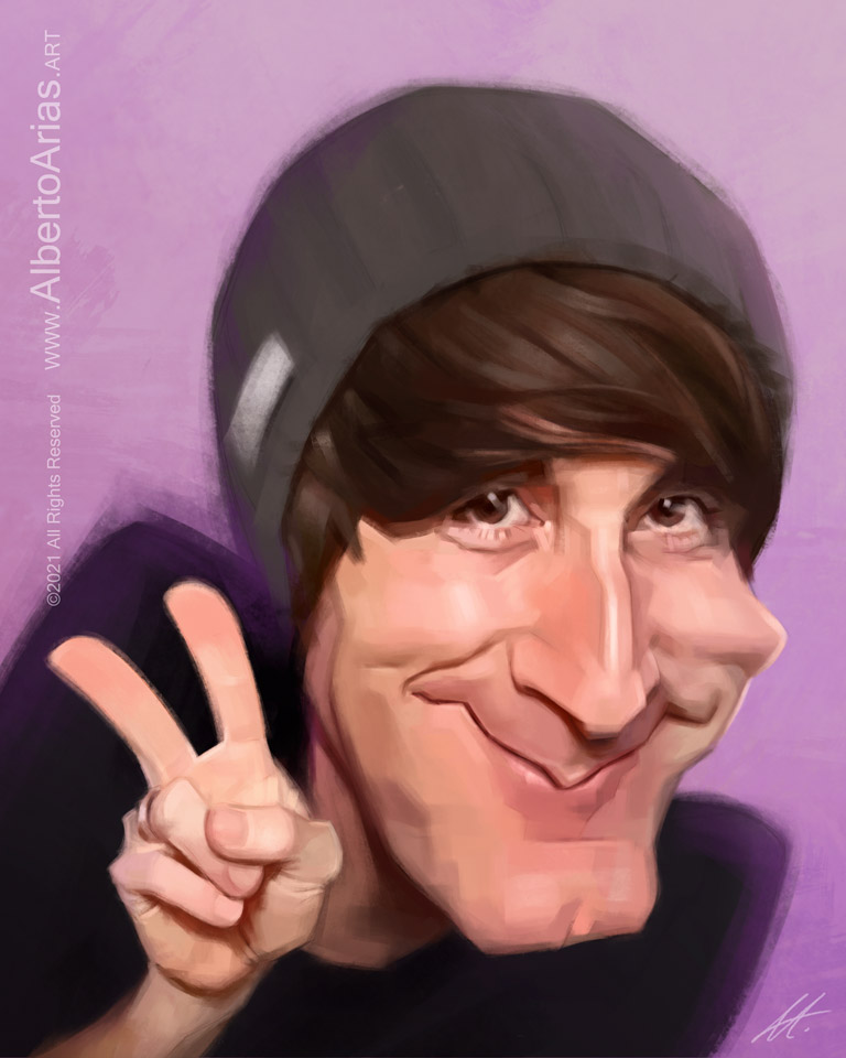 Luzu Caricature wearing a wool cap. Drawing celebrity caricatures. Artistic portrait painting artwork.