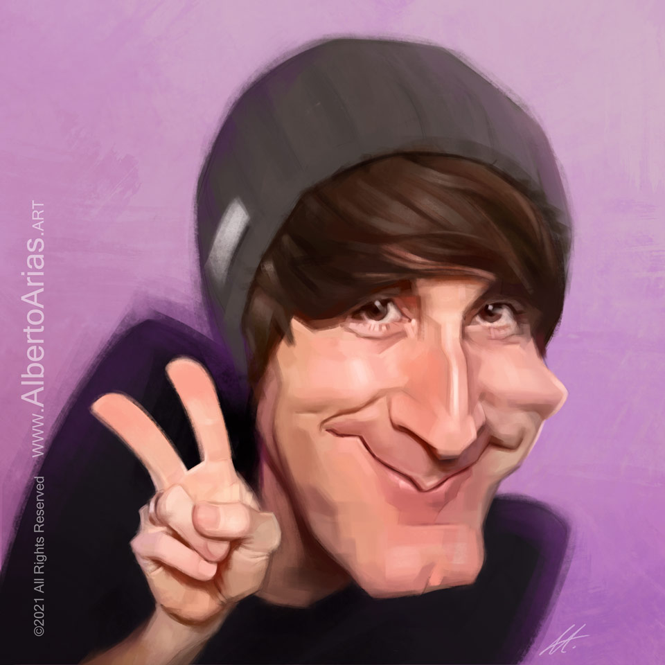 alberto-arias-art-luzu-caricature Luzu Caricature wearing a wool cap. Drawing celebrity caricatures. Artistic portrait painting artwork.