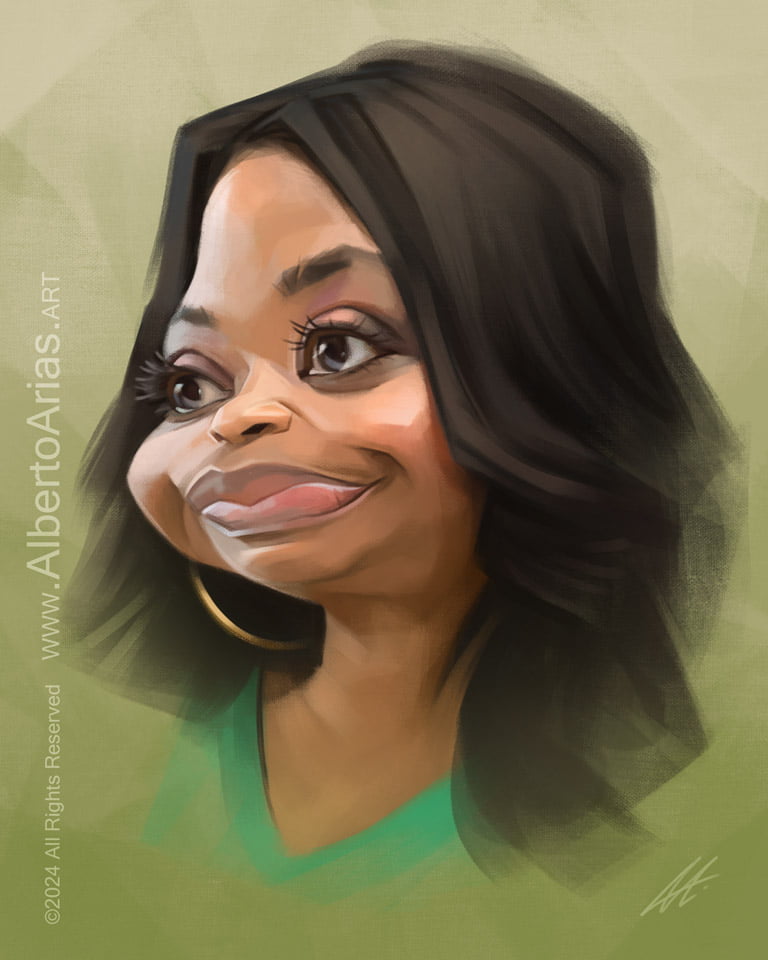 Octavia Spencer Caricature. Drawing celebrity caricatures. Artistic portrait painting artwork.