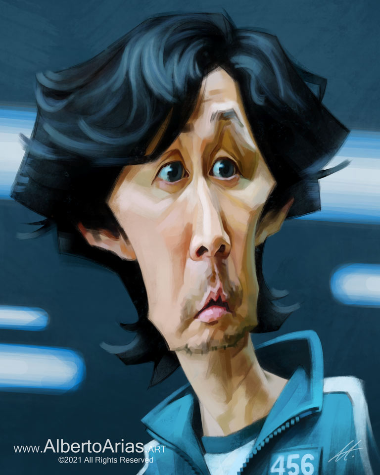 digital caricature painting of Lee Jung-jae as player number 456 Seong Gi-hun in the netflix series squid game