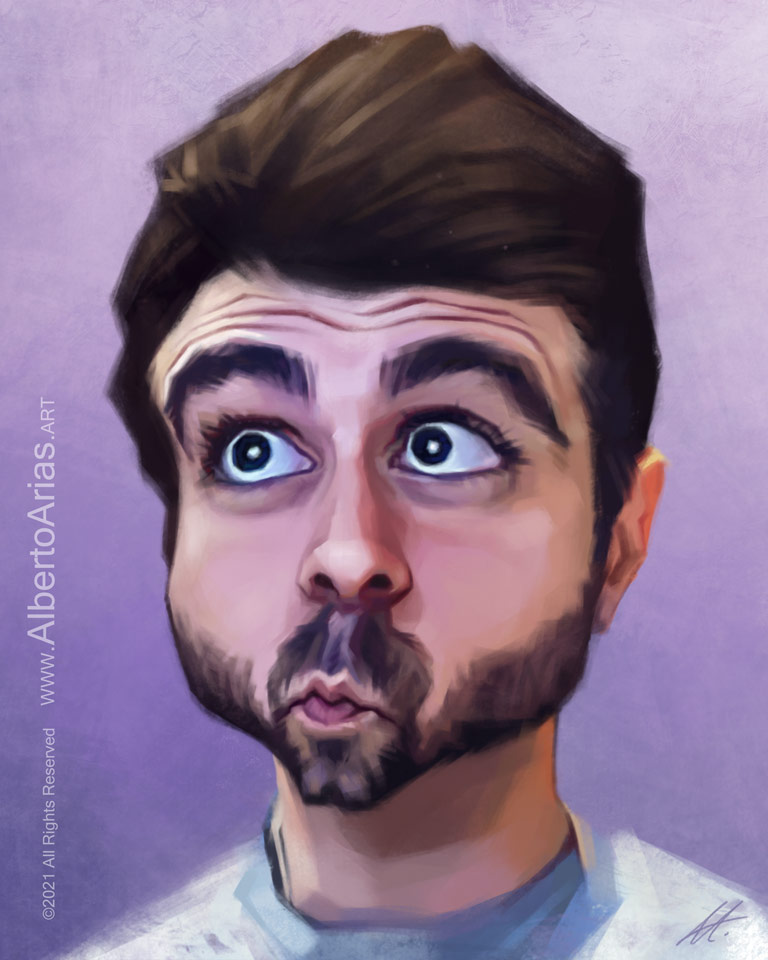 Vegetta777 Caricature. Drawing Spanish celebrity caricatures. Artistic portrait painting artwork.