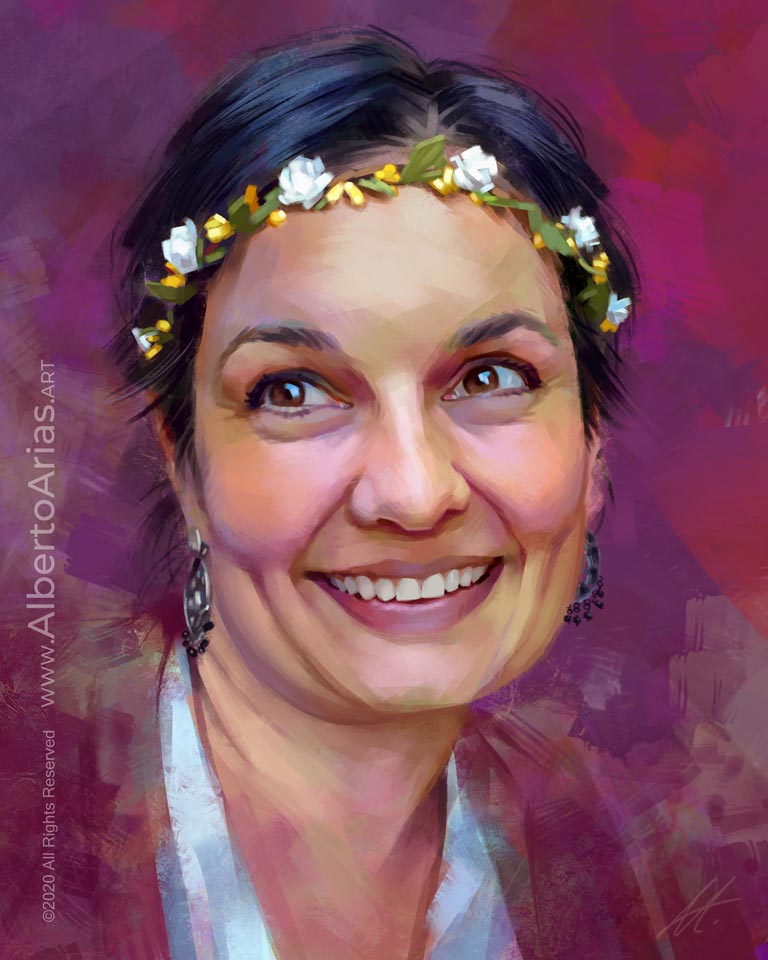 order custom portrait artistic portrait painting of a beautiful smiley girl with a flower diadem